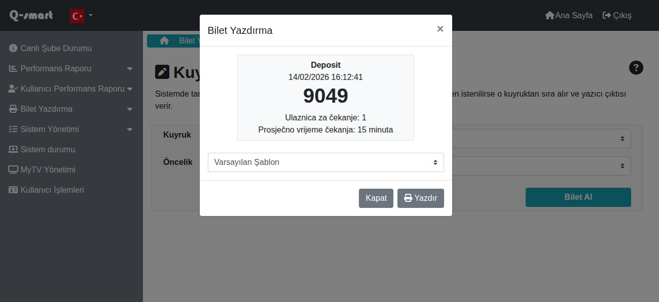 Kuyruktan Bilet Yazdırma - Bilet popup örneği