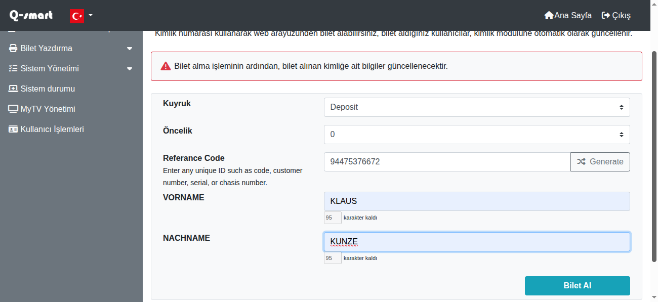 Kimlikle Bilet Alma - Örnek verilerle form