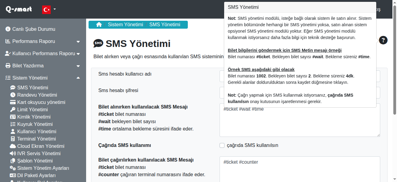 SMS Yönetimi - Yardım popup örneği