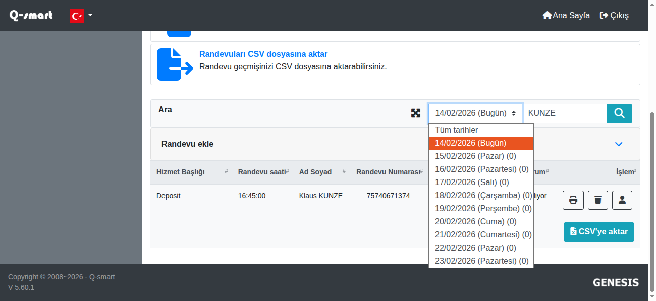 Randevu tablosu - arama ve tarih filtreleme örneği